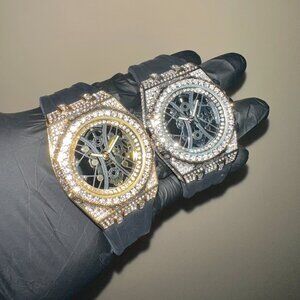 Gold/White Gold 43mm Skeleton Dial Rubber Band Iced-Out Diamond Luxury Watch